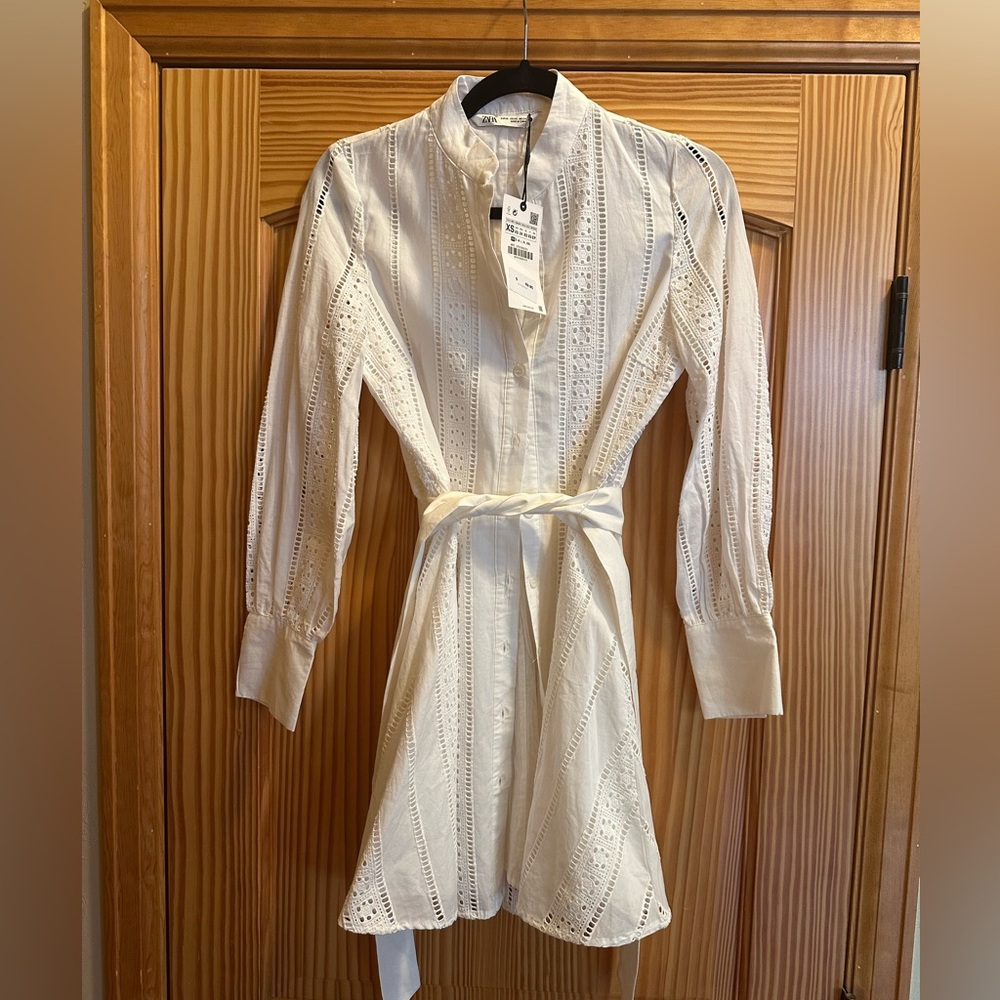 Zara White Long Sleeve Lace Dress